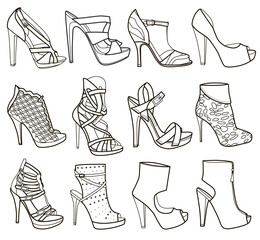 Collection of fashion women's shoes (vector illustration coloring book).
