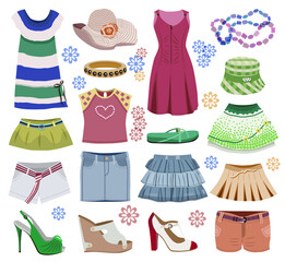 Collection of fashionable women's clothes isolated on white (vector illustration).