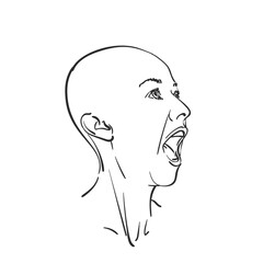 Bald head of screaming girl with wide open mouth, Vector sketch, Hand drawn illustration