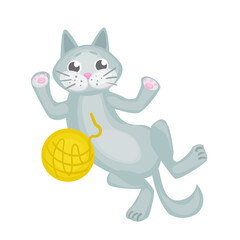 vector illustrations with a playing grey cat. pet character, stickers in cartoon style. cute animals.