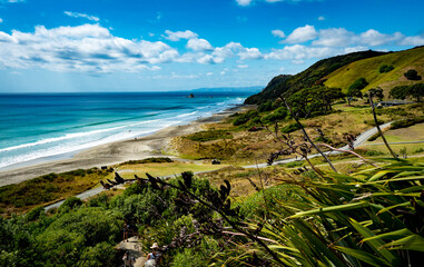 A view along the coastline of the pacific ocean from the famous mangawhai heads walk in northland...