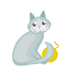 vector illustrations with a playing grey cat. pet character, stickers in cartoon style. cute animals.