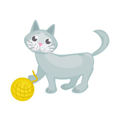 vector illustrations with a playing grey cat. pet character, stickers in cartoon style. cute animals.