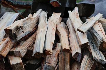 Sawn logs and stump of a sawn tree on the grass. Sanitary cutting of trees.Pine tree trunks cut