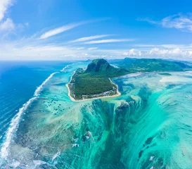 Fotobehang Le Morne, Mauritius Aerial view of Mauritius island panorama and famous Le Morne Brabant mountain, beautiful blue lagoon and underwater waterfall