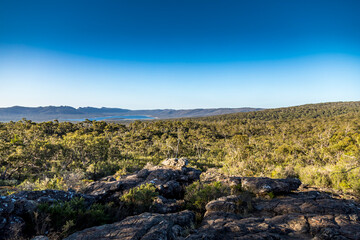 Fototapeta na wymiar Beautiful view from the Reed Lookout in the Grampians National Park in Victoria, Australia at a sunny day in summer.