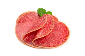 Salami slices isolated on white background.