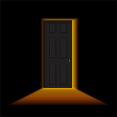 Ajar door in a dark room. Light outside the door. Black door in a dark room with shining light. Vector illustration