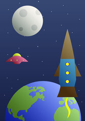 Fototapeta premium UFO and rocket fly in space near the Earth and the Moon. Flat illustration. 