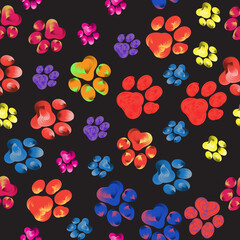 Rainbow animal paw print trails on a black background. Silhouettes of cat, dog footprint. Brushstroke vector illustration. For wallpaper, cover, textile, fabric prints