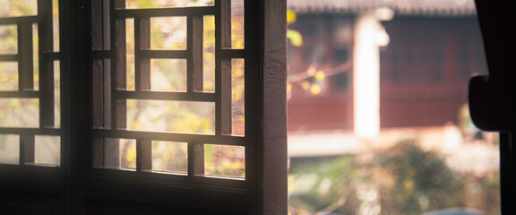 The window view at Garden of Cultivation(Yi Pu) is a classical garden in Suzhou,Jiangsu,China.Bulit...