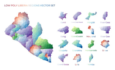 Liberian low poly regions. Polygonal map of Liberia with regions. Geometric maps for your design. Charming vector illustration.
