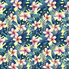 seamless tropical floral pattern on yellow background