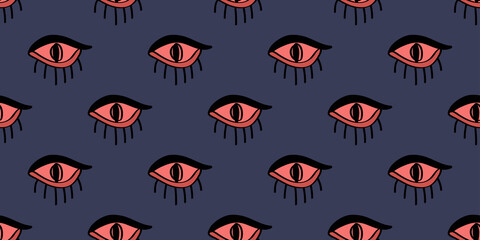 eyes pattern seamless on blue pantone background. eyes pattern for web sites, wrapping paper, print for clothes,postcard,fabric. trendy eyes print.eyes with eyelashes background, optic, eyeball