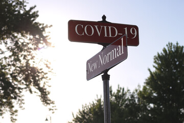 Street sign with text covid-19 and new normal