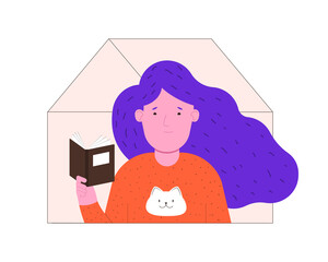 Quarantine isolation. Woman is reading a book at home. Stay at home. Vector flat illustration.