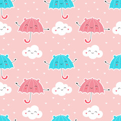 Seamless pattern of cute umbrellas with clouds, rain of hearts. Vector illustration for wrapping, fabric, wallpaper.