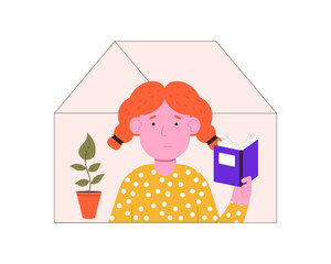 Woman is reading a book at home. Quarantine isolation. Stay at home. Vector flat illustration.