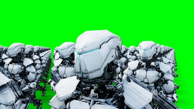 invasion of military robots with gun. marching robots. Green screen 4k footage.