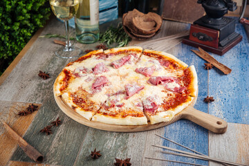 Pizza carbonara with beef grated parmesan cheese