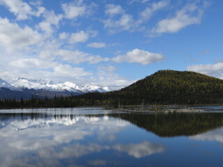Fototapeta premium a lake next to the Alaska Route 1 state highway between Tok and Anchorage, Alaska, USA, September, Indian Summer