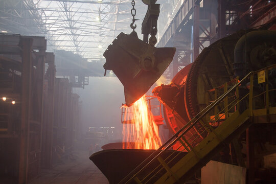 General view of the discharge of slag in the smelter at a metallurgical plant.