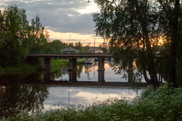 Vytegra central bridge, down town, Russia, Vologda oblast. Beautiful view.