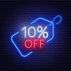 10 percent off neon sign on a dark background .