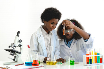 Two african american cute little boy and girl student child learning research and doing a chemical experiment while making analyzing and mixing liquid in test tube at science class on the table - Powered by Adobe