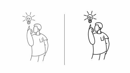 Man having a good idea looking at light idea bulb, Cartoon Hand Drawn Sketch Vector illustration.