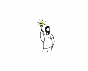 Man having a good idea looking at light idea bulb, Cartoon Hand Drawn Sketch Vector illustration.