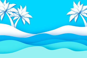 Fototapeta na wymiar Seaside landscape in paper cut style. Nobody under the palms tree on Seashore. Origami layered. Waves. Time to travel. Tropical summer holidays. Blue and white.