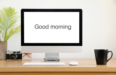 Good morning text on Computer monitor In the office