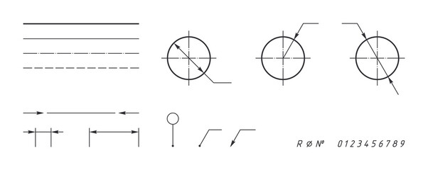Mechanical drawings elements. Vector illustration graphic element design. Engineering drawing. Technical drawings. Black arrows. Transparent background. Сollection of mechanical drawing elements.