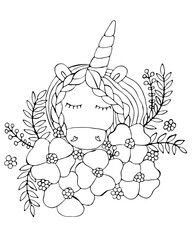 Black line Unicorn for coloring book or page. Cute Unicorn.