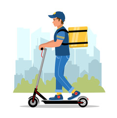 Safety motorized scooter delivery and service concept. Courier with a box on the city background. Delivery man character riding e scooter. Vector illustration in flat style.