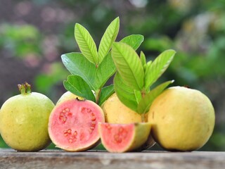 Red guava and green leaves on bokeh background. Tropical fruit concept