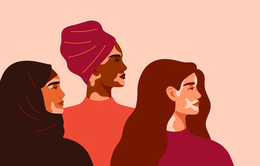 Three women with vitiligo of different nationalities standing together. Concept to support people living with vitiligo and to build awareness about chronic skin disorder.Vector illustration