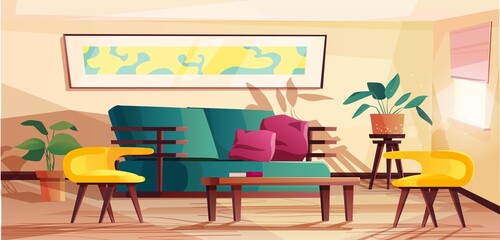 Living room interior in modern style. Cartoon vector illustration with sofa, armchairs, plants in pots, table and picture on the wall.