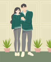 Couple vector. seated boy and girl. flat vector. romantic themes. valentine moment. women and men holding hands. young couple holding together