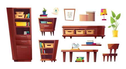 Set of living or kids room interior furniture. Bedside table, bookcase, table, chair, table lamp, plant in a spot. Flat style design. 