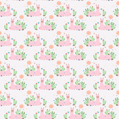 seamless patterns with illustrations of llama and cactus. alpaca textile fabric, green cactus Vector