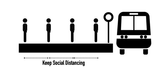 Stick figures is queueing to get on bus, social distancing concept.