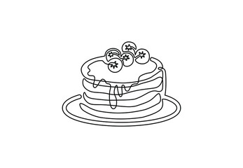 One continuous line drawing of American pancakes with berries and syrup. Breakfast cafe logo template concept. Modern single line draw design vector illustration