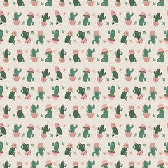 Seamless pattern of many cactus with simple flower and grass