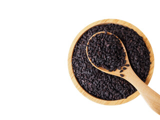black pepercorn in wooden scoop isolated on white background.