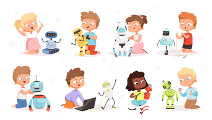 Kids robot programming. Future technology educational process children modelling or repair robotic toys vector science concept characters. Kid programming cyborg, robotic technology illustration