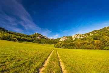 A field road through the valley of mountain landscape with rocky peaks on background in summer time. The National Nature Reserve Sulov Rocks, Slovakia, Europe.