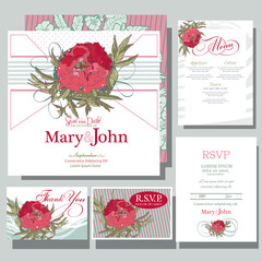 Wedding invitations card with red roses flowers. RSVP card, menu design.