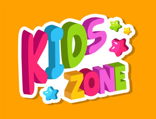 Playroom logo. Kids zone 3d lettering, banner for baby playing area with colorful letters and stars vector illustration. Preschool kindergarten room, banner signboard